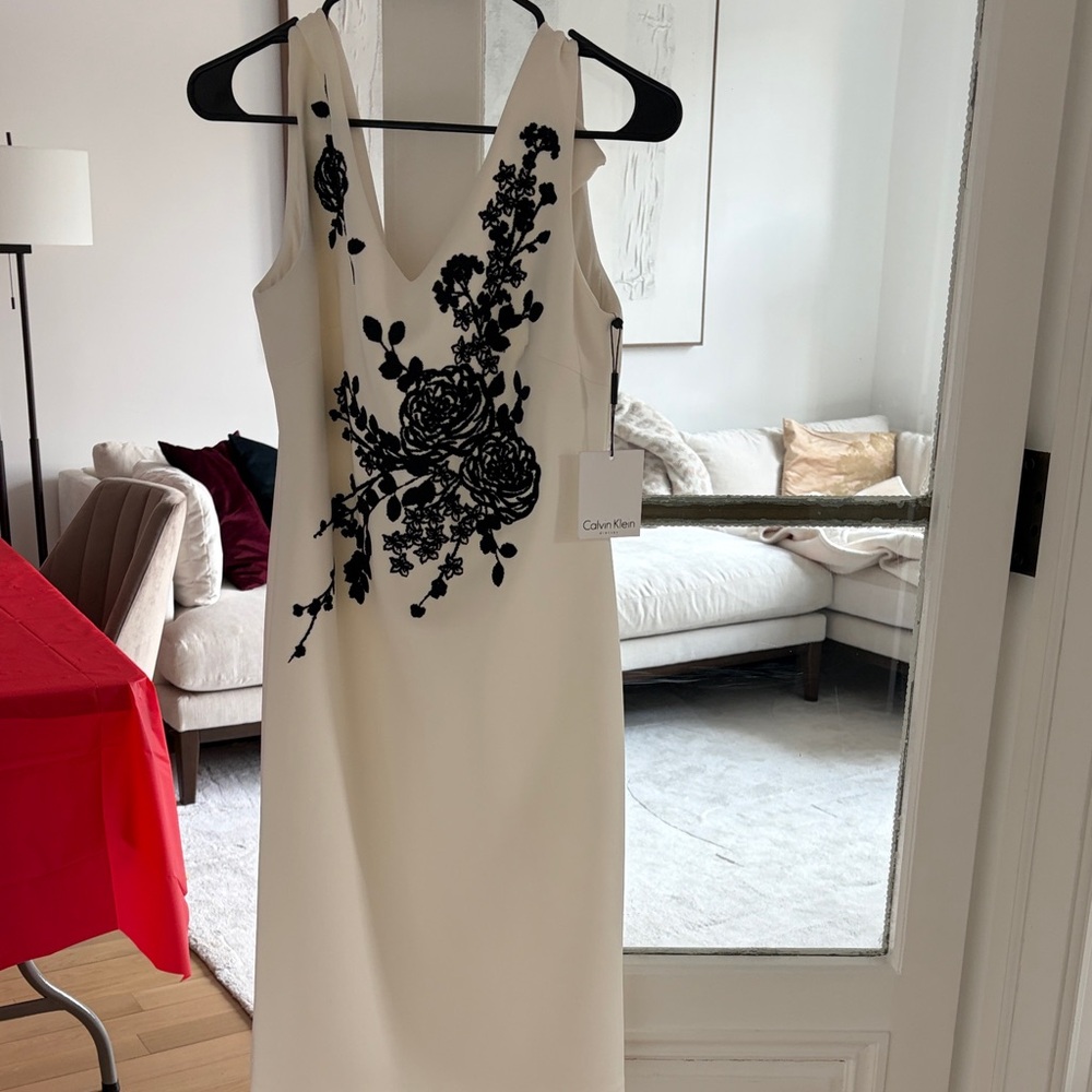 Calvin Klein Ivory Dress with Black Floral Embroidery